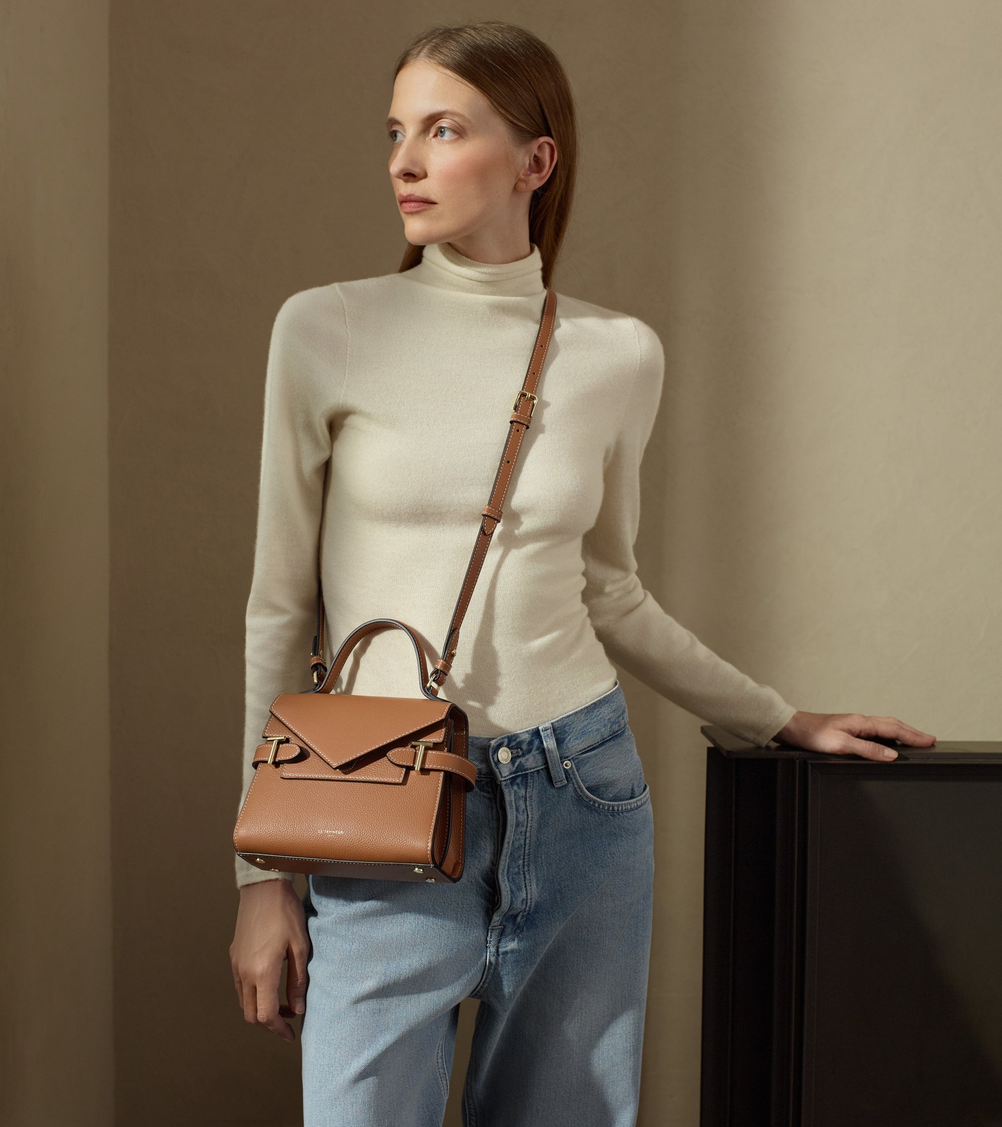 Emilie small grained leather double flap handbag