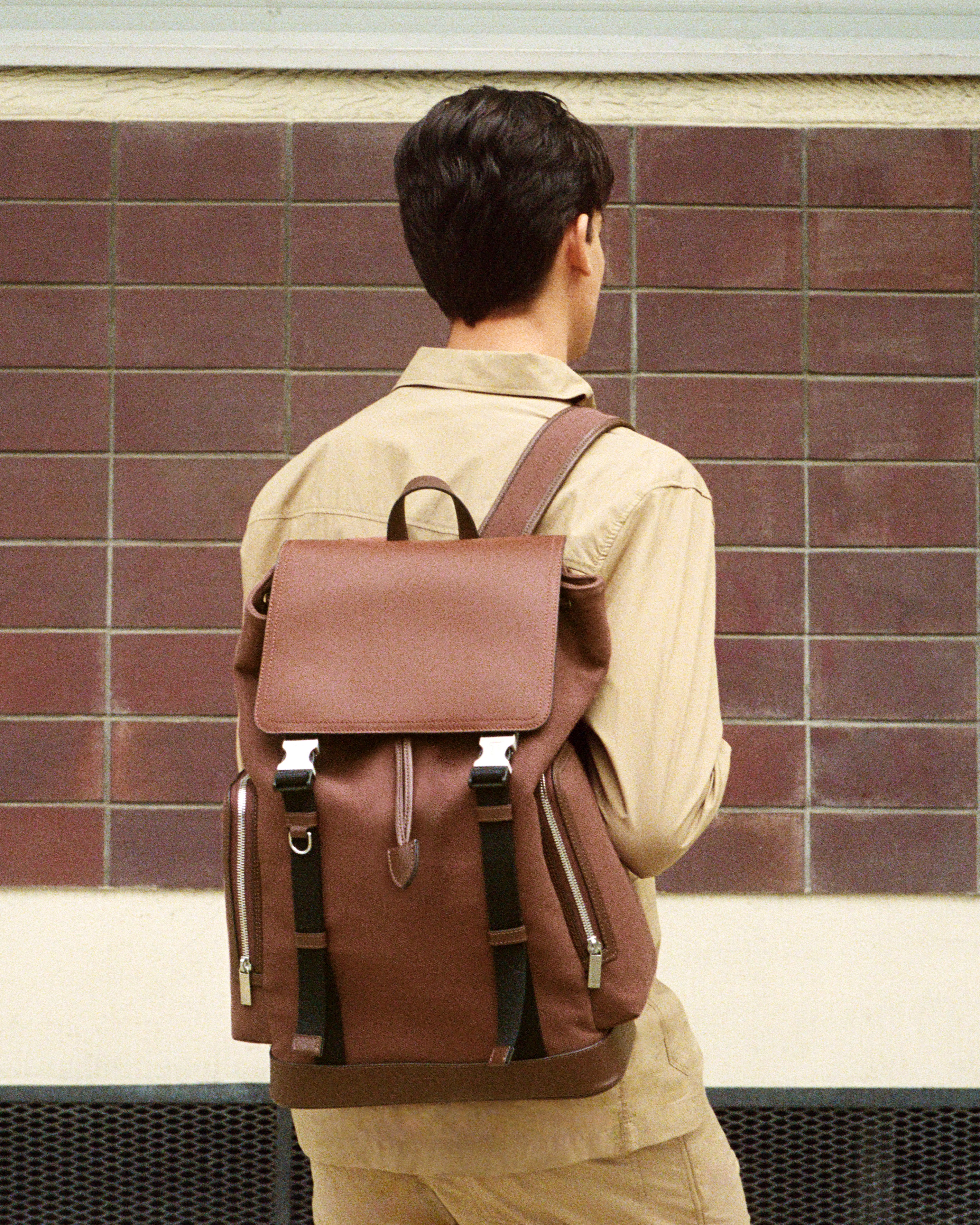 Maurice backpack with flap in cotton canvas and smooth leather