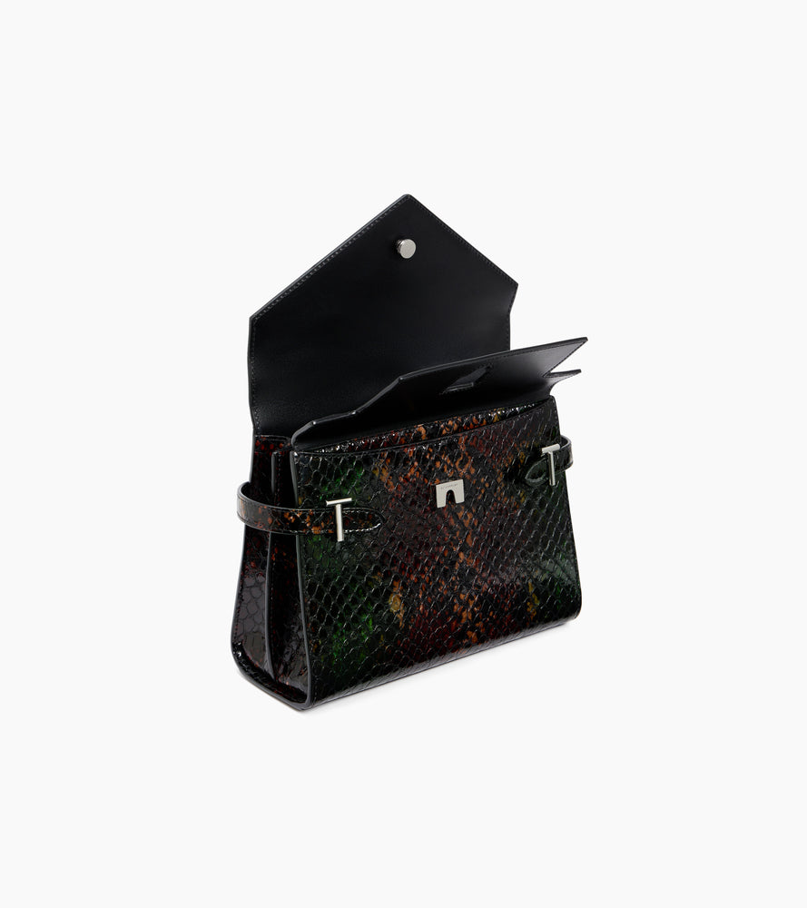 Mittelgroße Handtasche mit Doppelklappe Emilie aus Leder in Python-Optik.
