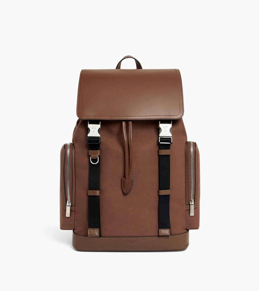 Maurice backpack with flap in cotton canvas and smooth leather